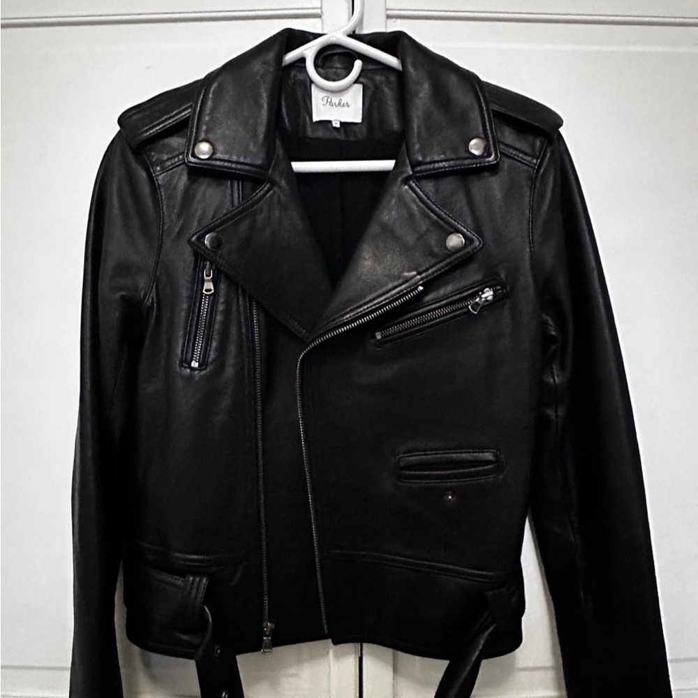 Parker Real Leather Biker Motorcycle Jacket Medium Black